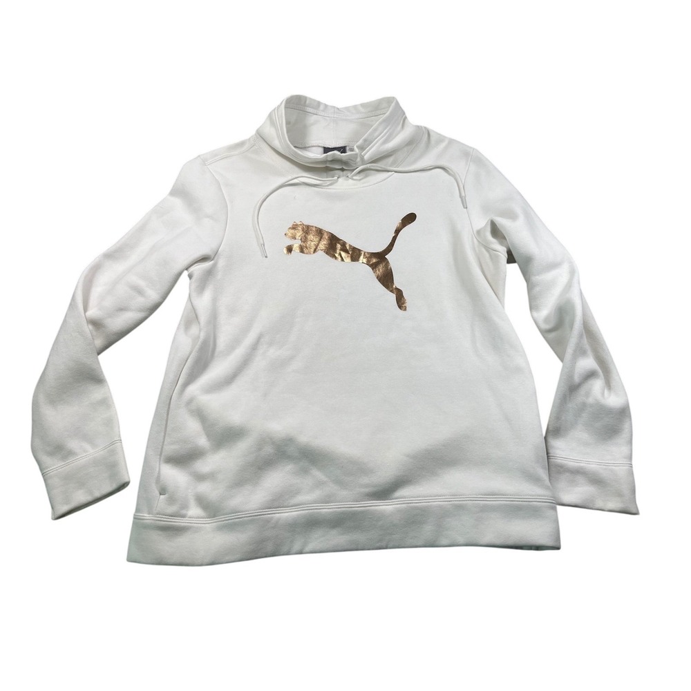 Puma White Hoodie Rose Gold Metallic Logo Sweatshirt Size XL